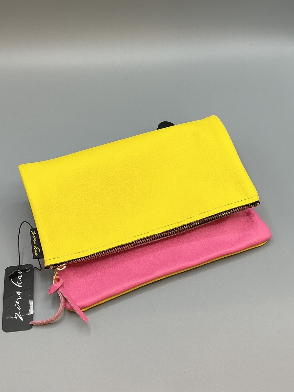 Zina kao Yellow & Pink Foldover Leather Clutch, NEW W/TAGS